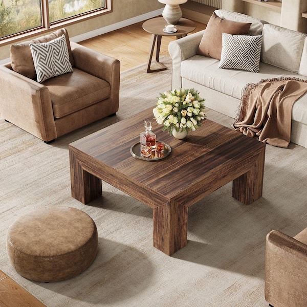 Allan 39.4 in. Dark Brown Square Wood Coffee Table with Sturdy Wooden Legs