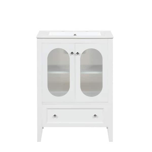 Ziyudura 24 in. Single Sink Freestanding White Bath Vanity with White Ceramic Top, Adjustable Shelf, One Drawer with Sildes