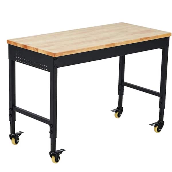 72 in. W x 25 in. D Steel Mobile Workbench with Locking Casters, Power Outlet, Adjustable Height, Rubber Wood Top
