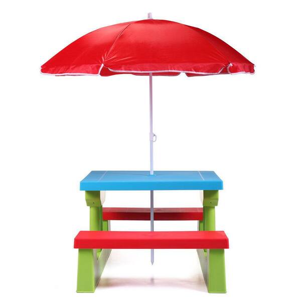 TIRAMISUBEST Blue Plastic Kids Outdoor Picnic Table Set with Umbrella Kids Activity Play Table with Bench