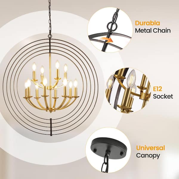Magic Home 12-Light 2-Tires Gold Circle Chandelier with E12 Bulb