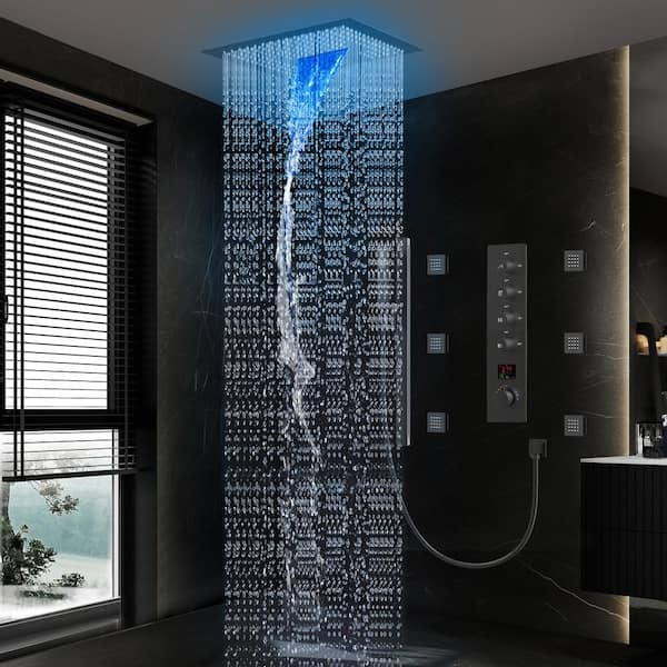 LED Thermostatic Valve 15-Spray 16 in. Ceiling Mount Dual and Handheld Shower 2.5 GPM with Slider Bar in Matte Black