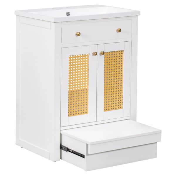 Aoibox 24 in. W x 18 in. D x 34 in . H Wooden Frame Bath Vanity in White with White Resin Top Sink and Pull-out Footrest