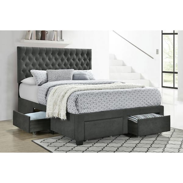 Soledad Gray Wood Frame Queen Platform Bed with 4 Drawers Button Tufted Storage
