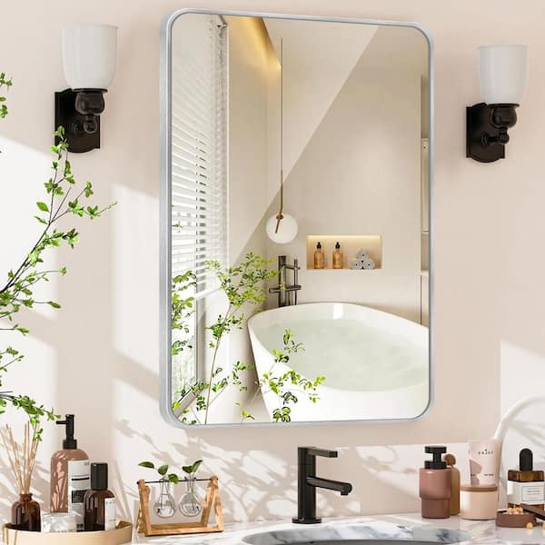 Sxiawe 24 in. W x 36 in. H Modern Rectangular Aluminum Alloy Silver Rounded Corner Wall Mirror/Decorative Mirror