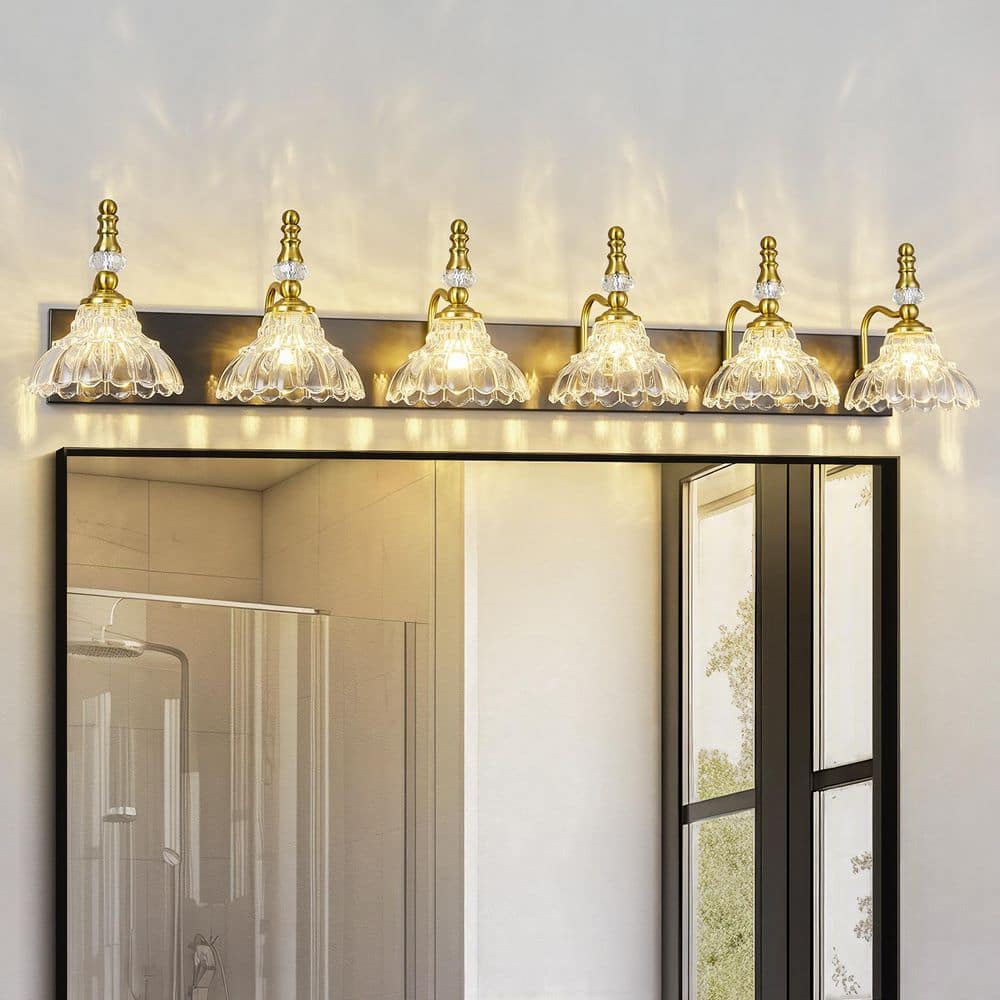 Home Lighting 46.45 in. 6-Light Black Gold Vintage Bathroom Vanity Light w/ Flower Glass Shade Over Mirror for Bathroom price history on PriceWatchPro
