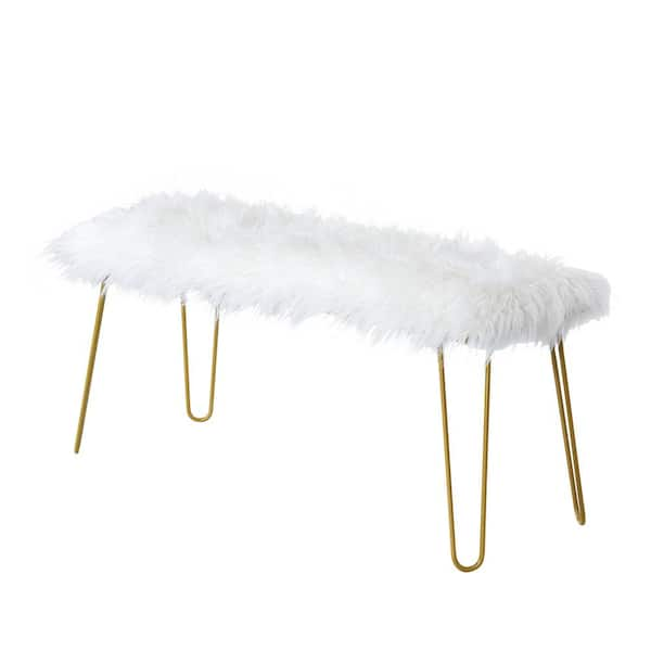 Morrissey 18 in. H x 42 in. W x 15 in. D White Fur/Gold Upholstered ...