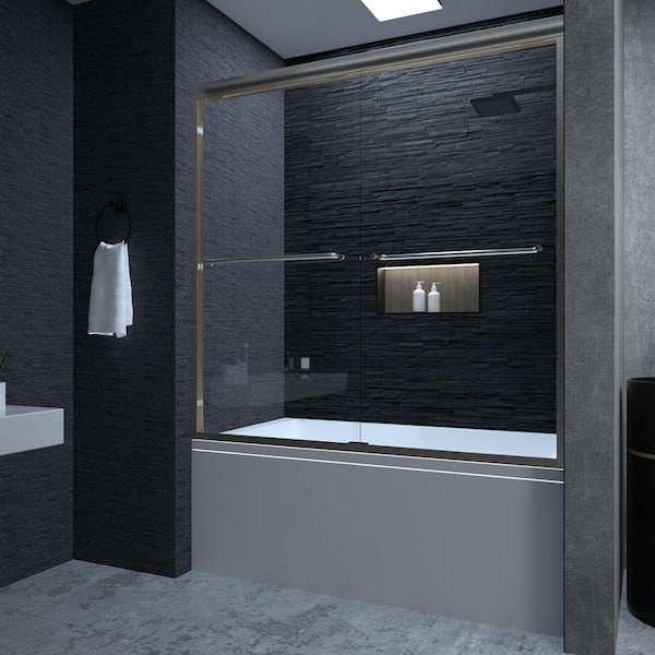 Ruhr 60 in. W x 56 in. H Sliding Semi Frameless Tub Door in Brushed Nickel Finish with Clear Glass