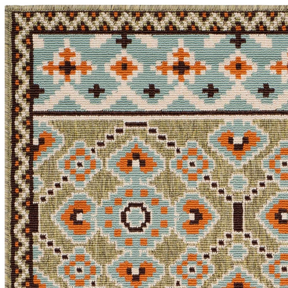 Green and Terracotta Floral Synthetic Washable Area Rug