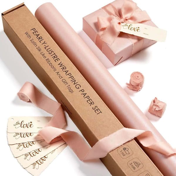 N/A 17 x 197 Pearly-Lustre Pink Wrapping Paper Set with Satin Ribbon and Gift Tags Recyclable Eco-Friendly for All Occasions