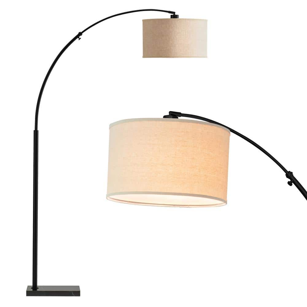 Logan Adjustable 76" Black LED Arc Floor Lamp with Beige Drum Shade