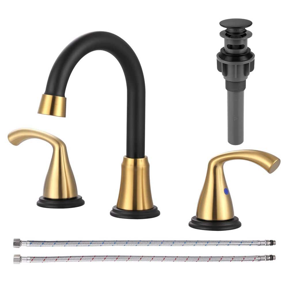 8 in. Widespread 2-Handle High-Arc Bathroom Sink Faucet with Pop-Up Drain Assembly and Supply Hoses in Gold and Black price history on PriceWatchPro