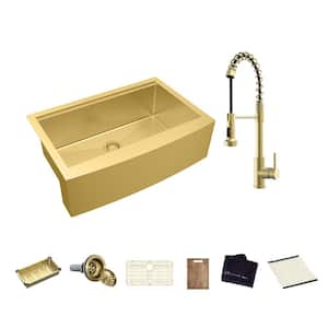 33 in. Farmhouse/Apron-Front Single Bowl 18-Gauge Gold Stainless Steel Workstation Kitchen Sink with Spring Neck Faucet