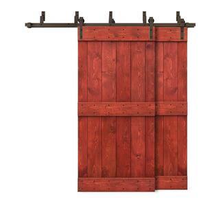 88 in. x 84 in. Mid-Bar Bypass Cherry Red Stained DIY Solid Wood Interior Double Sliding Barn Door with Hardware Kit