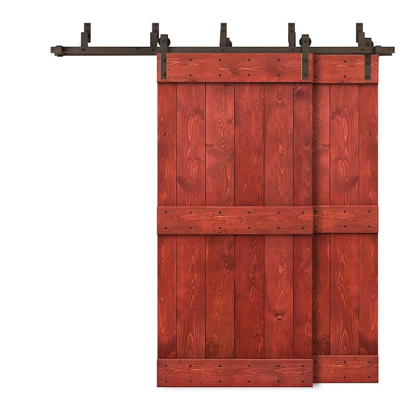 CALHOME 92 in. x 84 in. Mid-Bar Bypass Cherry Red Stained DIY Solid Wood Interior Double Sliding Barn Door with Hardware Kit