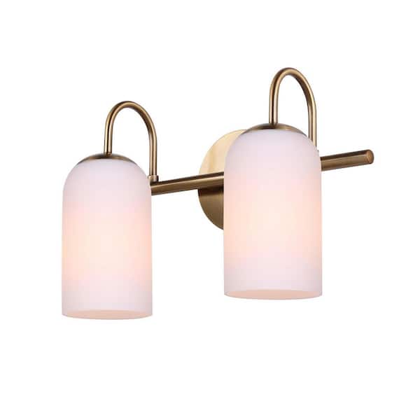 14.5 in. 2-Light Gold Bathroom Vanity Light with White Opal Glass Shades, No Bulbs Included