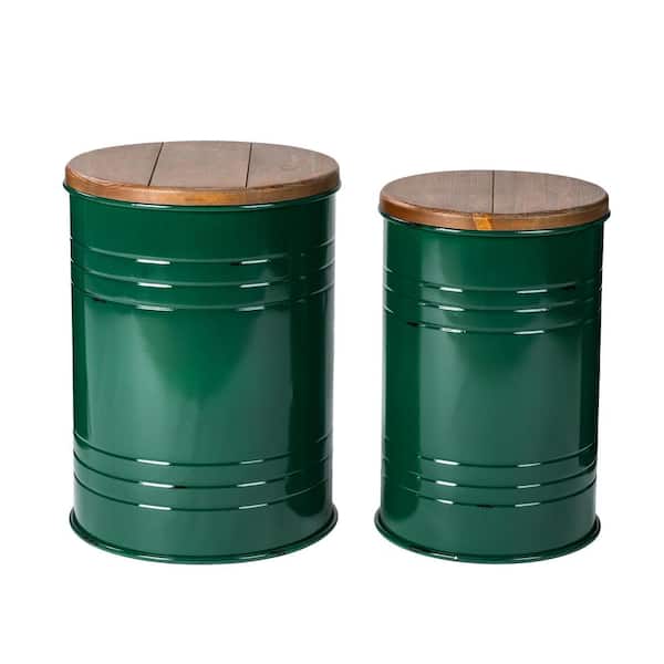 Glitzhome 14.5 in. W Green Round Wood Storage End Table or Accent Table or Stool with Solid Wood Lid (2-Pack)