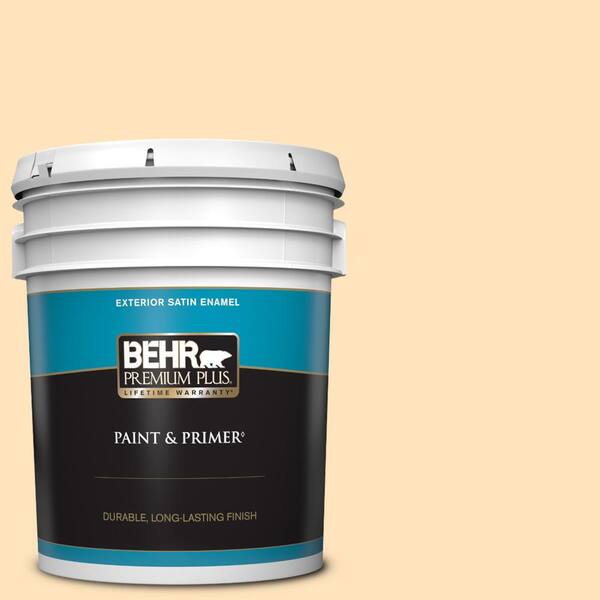 BEHR PREMIUM PLUS 5 gal. #P240-1 Cheese Powder Satin Enamel Exterior Paint & Primer