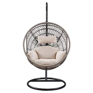Modern Design 1-Person Metal Outdoor Patio Swing Egg Chair with Stand, Hand Woven All-Weather Rope in Beige Cushions