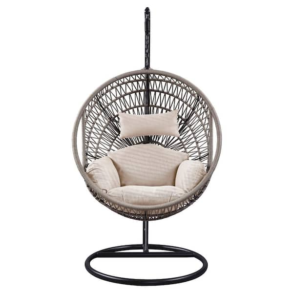 Misopily Modern Design 1-Person Metal Outdoor Patio Swing Egg Chair with Stand, Hand Woven All-Weather Rope in Beige Cushions