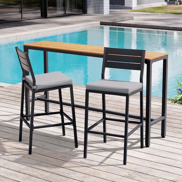 3-Piece Metal Outdoor Bistro Set Patio Bar Set Bar Table with WPC Tabletop 2-Backed Stools with 1.9 in. Thick Cushions