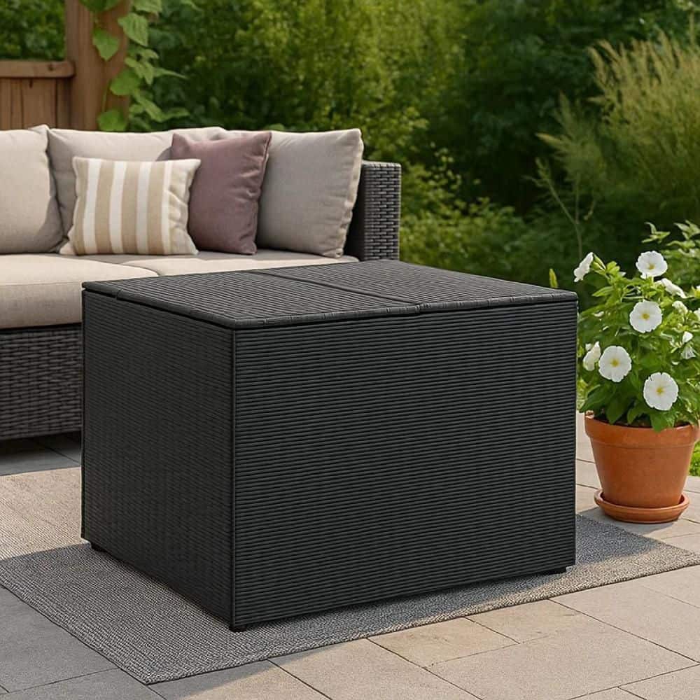 Benjara 80 Gal. Black PE Rattan Outdoor Storage Deck Box with Water ...