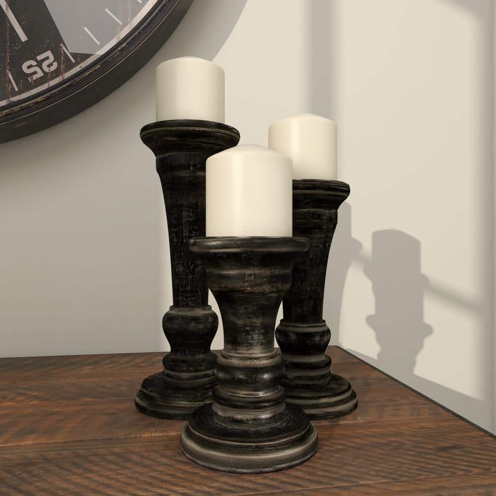 Black Mango Wood Ridge Embellished Candle Holders, Set of 3