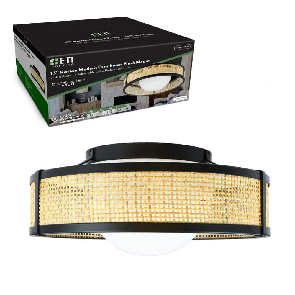 ETI LIGHTING - 13 in. Modern Farmhouse Rattan LED Flush Mount 1100 Lumens Adjustable CCT