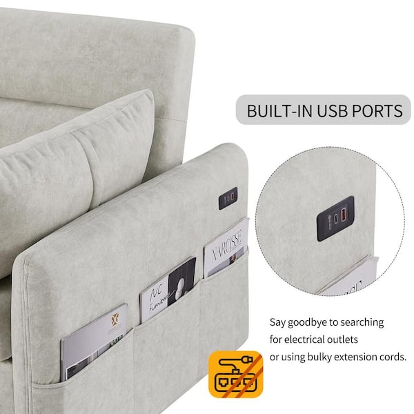 55 in. Beige Pull Out Sleep Sofa Bed Microfiber 2-Seater Loveseat Sofa Couch with 2-Soft Pillows and USB Ports