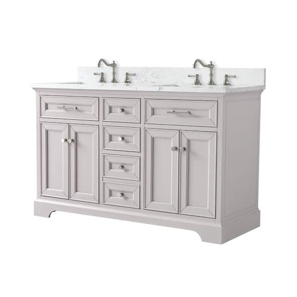 Thompson 54 in., W x 22 in., D Bath Vanity in Taupe with Engineered Stone Top in Carrara White with White Sinks