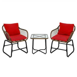 3-Piece Wicker Patio Outdoor Bistro Set with Red Cushions and Square Glass Table