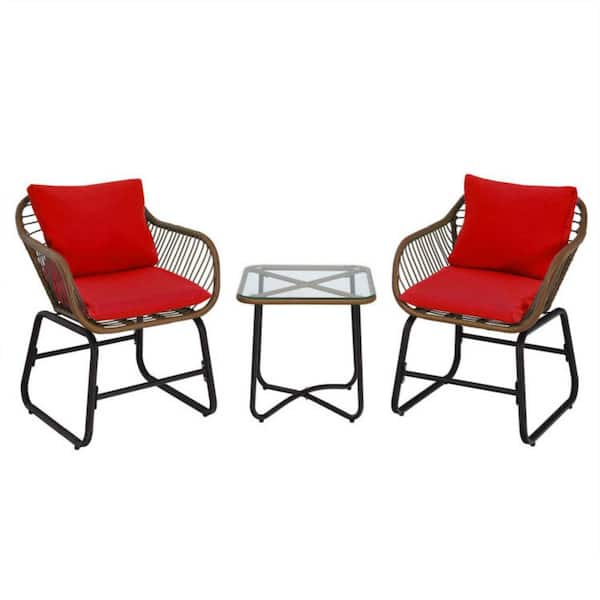 Clihome 3-Piece Wicker Patio Outdoor Bistro Set with Red Cushions and Square Glass Table
