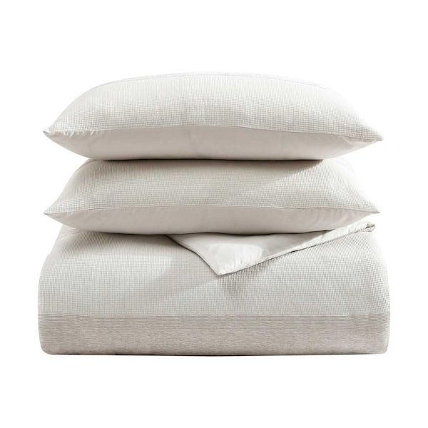 Chenille Waffle Stripe 3-Piece Beige Cotton Blend Queen Comforter Set