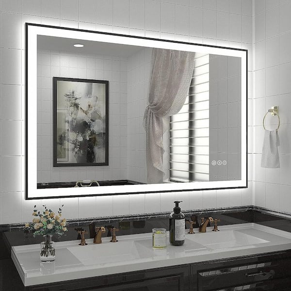Apmir 48 in. W x 30 in. H Rectangular Space Aluminum Framed Dual Lights Anti-Fog Wall Bathroom Vanity Mirror in Tempered Glass