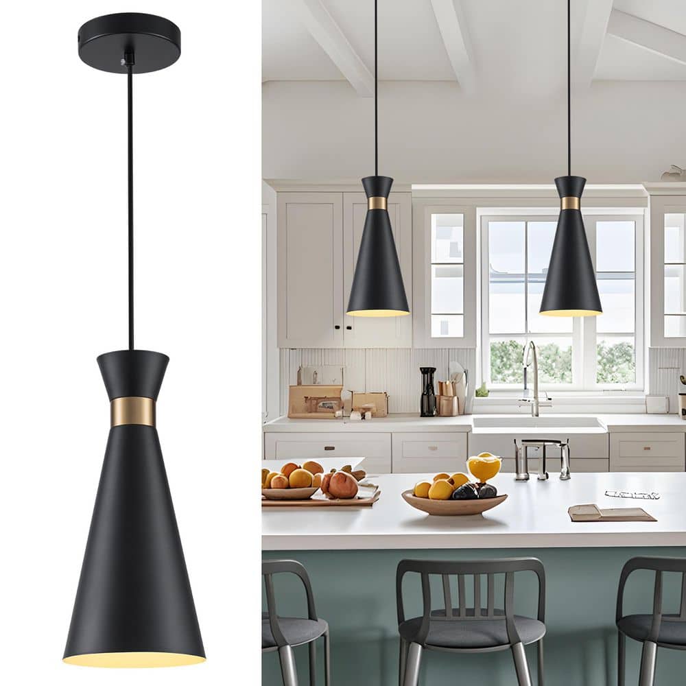 1-Light Minimalist Black and Gold Modern/Contemporary Cone Hanging Pendant 