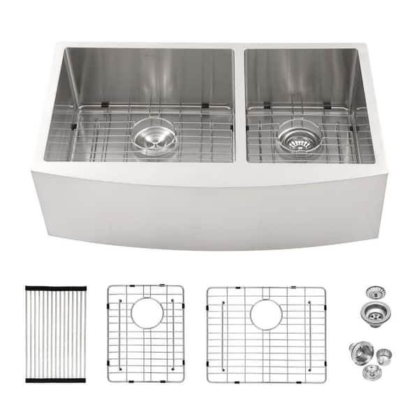 33 in. Farmhouse Double Bowl (60/40) 16-Gauge Brushed Nickel Stainless Steel Kitchen Sink with Drain and Dish Grid