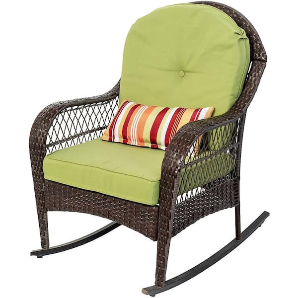 PATIOGUARDER Brown Wicker Outdoor Rocking Chair with Green Cushion and Pillow Set of 1