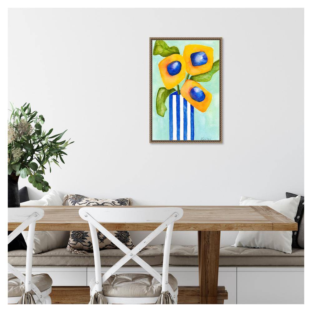 Yellow and Blue Floral Beaded Framed Canvas Wall Art