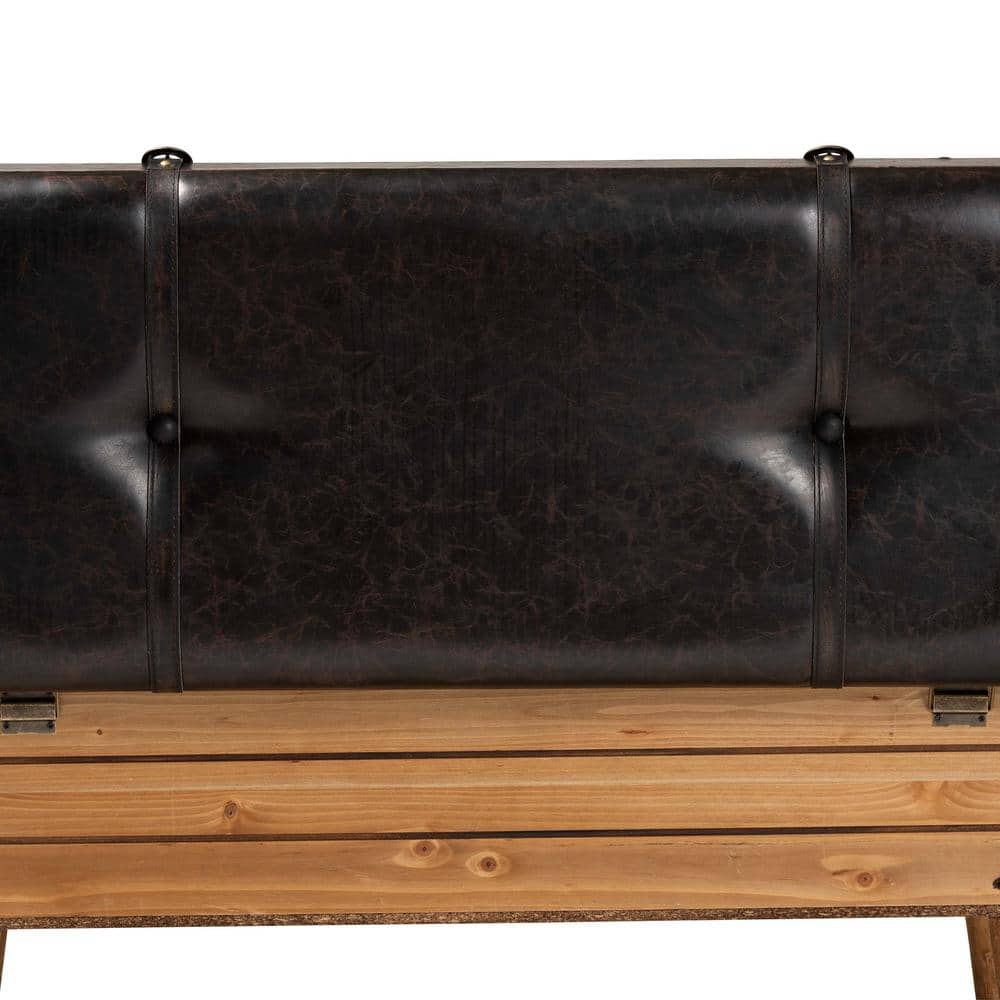 Amena Rustic Dark Brown PU Leather & Oak Large Storage Ottoman