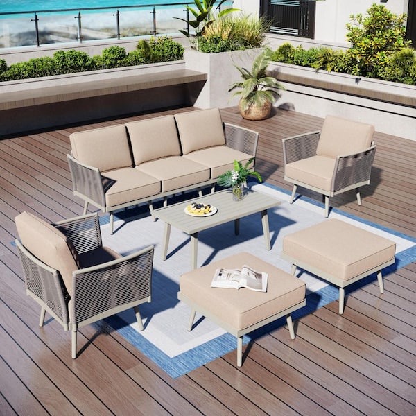 Gray Wicker Rattan 7 Seat 8-Piece Steel Outdoor Patio Conversation Sectional Set with Beige Cushion,Coffee Table,Ottoman