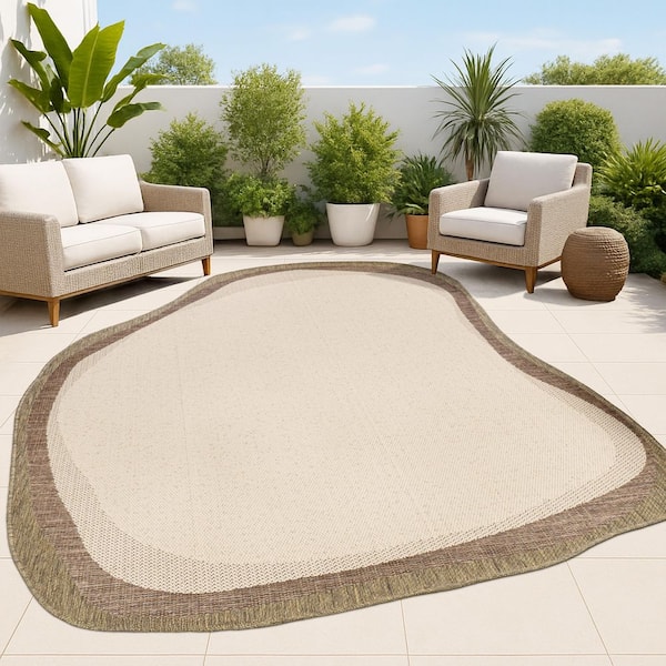 Wyatt Modern Rustic Abstract Beige/Brown 8 ft. x 10 ft. Indoor/Outdoor Shaped Area Rug