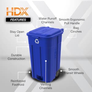 45 Gal. Blue Outdoor Vented Recycling Trash Can with Wheels, Attached Lid, Rounded Handles, and Reinforced Foothold