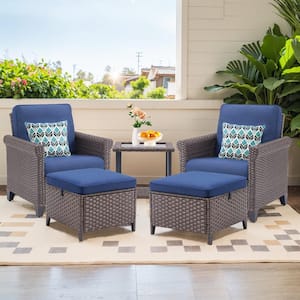 Nyajiah 5-Piece Wicker Patio Conversation Set with Blue Cushions