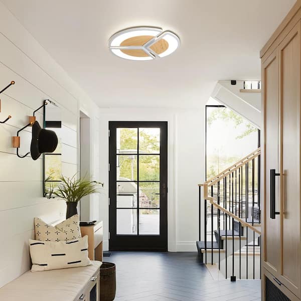 TOZING 16 in. White and Wood Dimmable Integrated LED Modern Novel Splicing Circular Shape Flush Mount Ceiling Light with Remote
