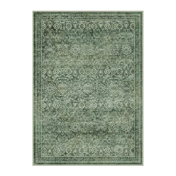 The Wizard of Oz 9 ft. X 12 ft. Green Distressed Washable Vintage Floral Area Rug