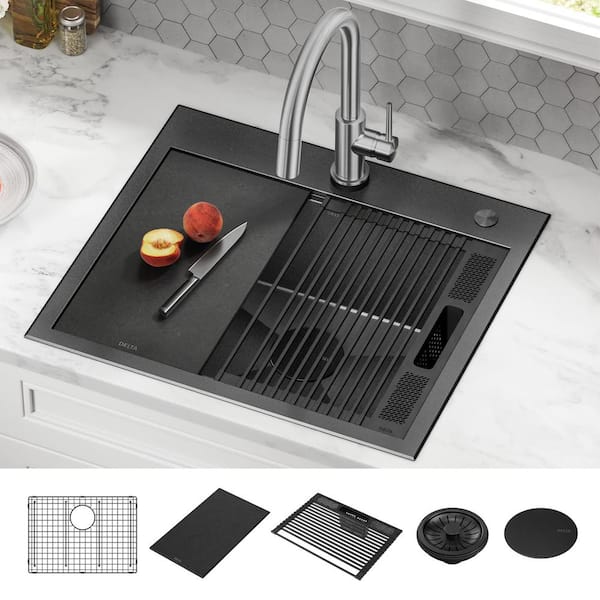 Rivet 16 Gauge Black Stainless Steel 25 in. Single Bowl Drop-In Workstation Kitchen Sink in PVD Gunmetal Finish