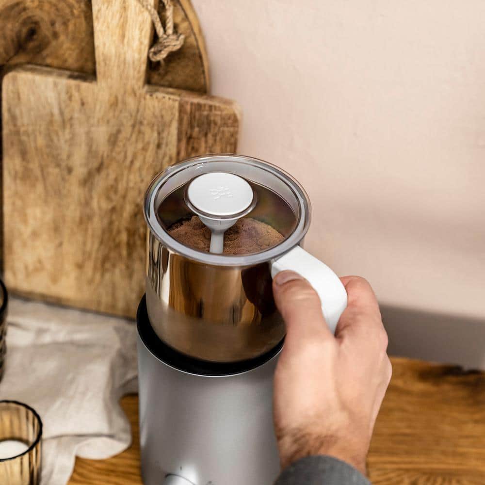 Silver Compact Electric Milk Frother with Automatic Shut-off