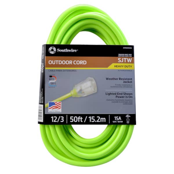 Southwire 50 ft. 12/3 SJTW Hi-Visibility Outdoor Heavy-Duty Extension Cord with Power Light Plug