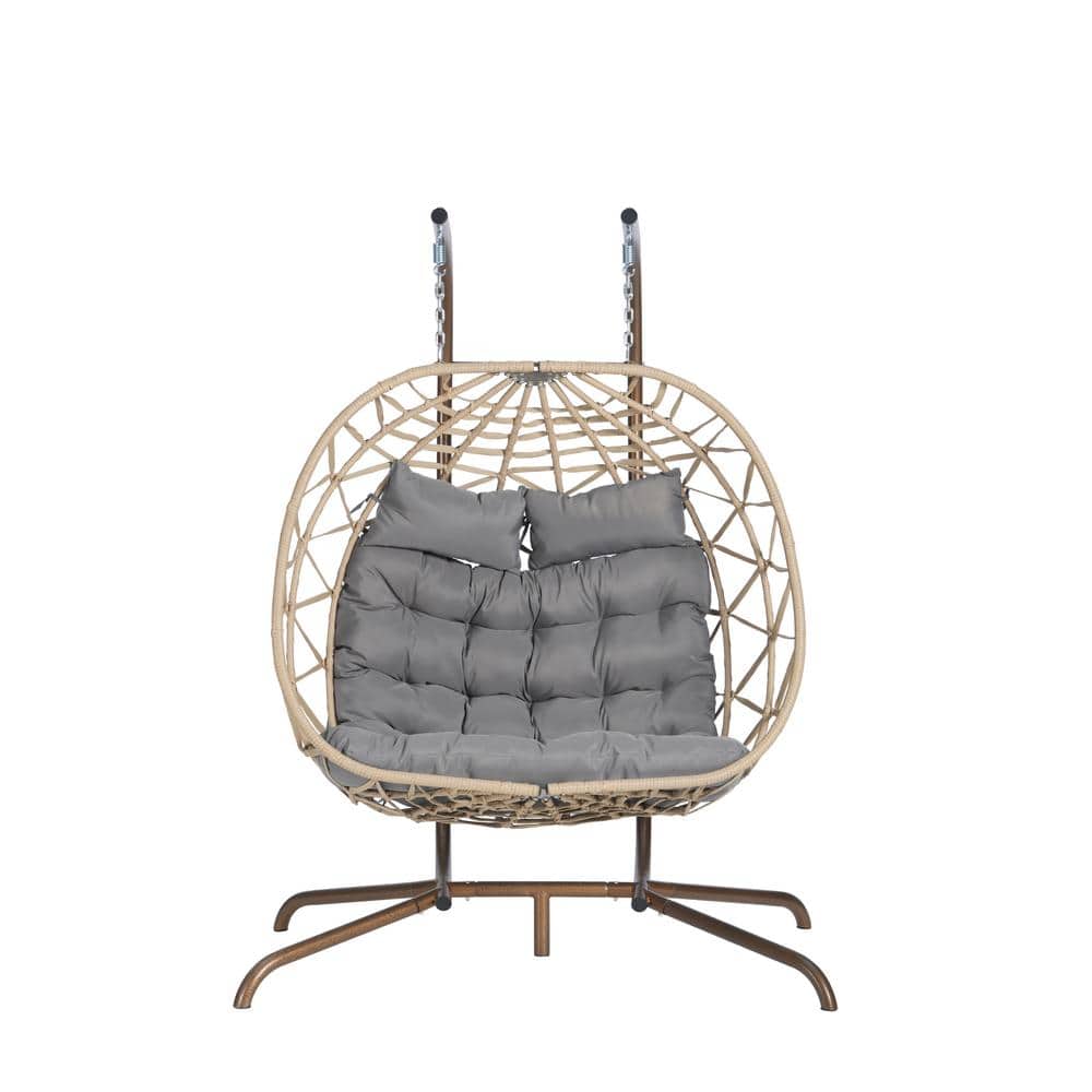 2-Person Light Yellow Wicker Patio Swing with Light Gray Cushions, UV Resis