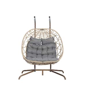 2-Person Light Yellow Wicker Patio Swing with Light Gray Cushions, UV Resistant Frame and Water Resistant Cushion